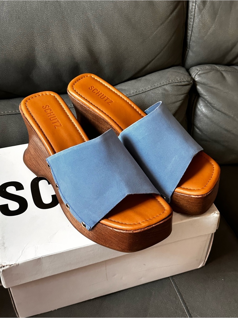 Schutz Lanneh blue suede wooden wedge heel clog sandals.